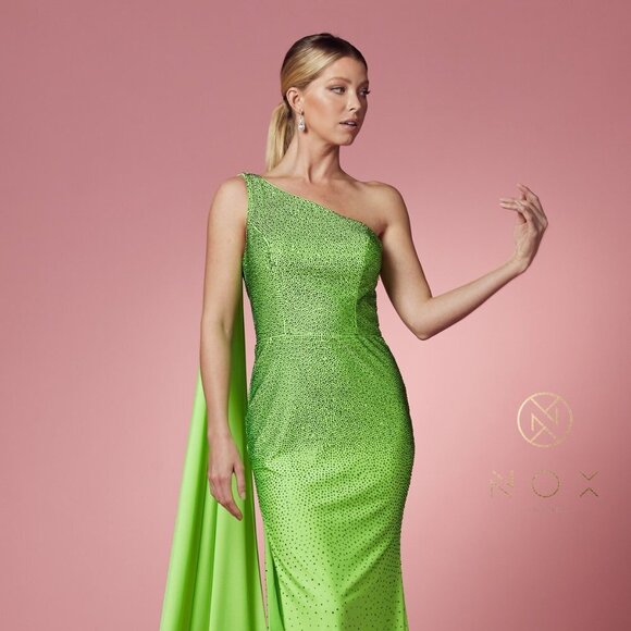Nox Dresses & Skirts - NEW LONG ONE SHOULDER SLEEVELESS EMBROIDERED RHINESTONE DRESS WITH CAPE NX E1039